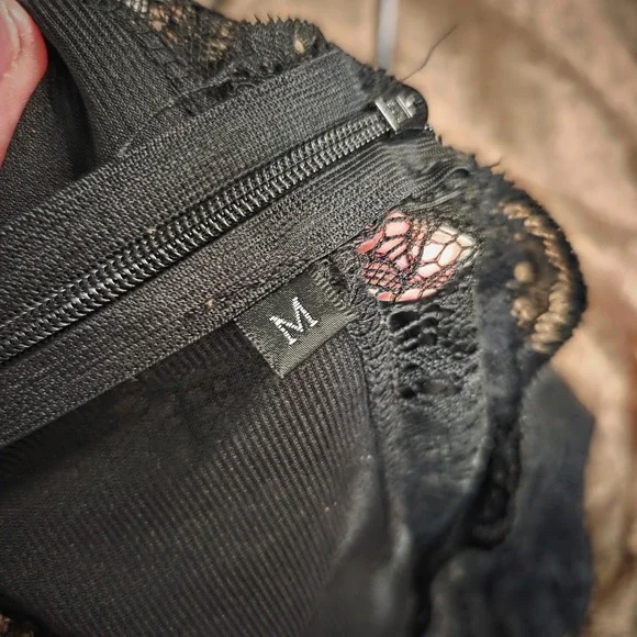 Black Lace Button Front Short Sleeve Midi Dress Goth Punk Alternative Size M - Picture 7 of 7